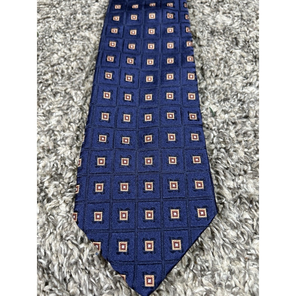 HUGO BOSS 100%‎ SILK  NAVY BLUE & IVORY, GOLD GEOMETRIC Made In Italy